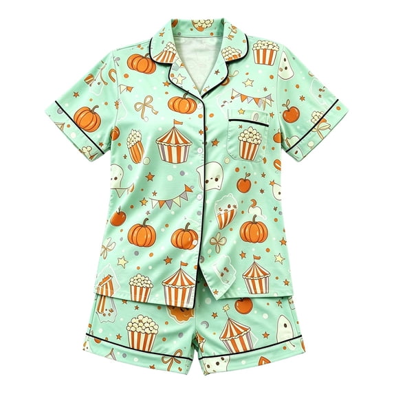 RUTAYY Girls Halloween Pajama Set Button Down Pumpkin Popcorn Graphic 2 Piece Loungewear Holiday Indoor Wear Light Green