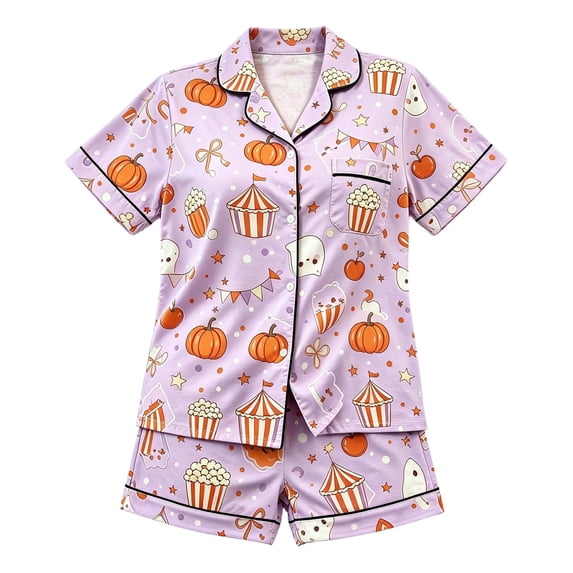 RUTAYY Girls Halloween Pajama Set Button Down Pumpkin Popcorn Graphic 2 Piece Loungewear Holiday Indoor Wear Purple