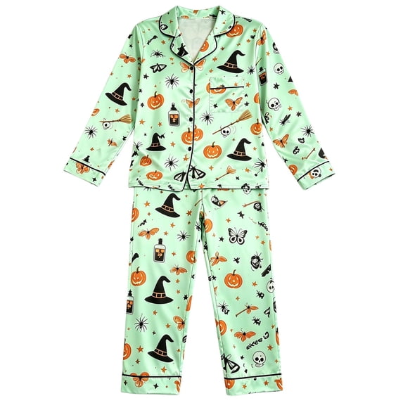 RUTAYY Girls Halloween Pajama Set Button Down Witch Hat Pumpkin Butterfly Graphic 2 Piece Sleepwear Holiday Home Outfit Green