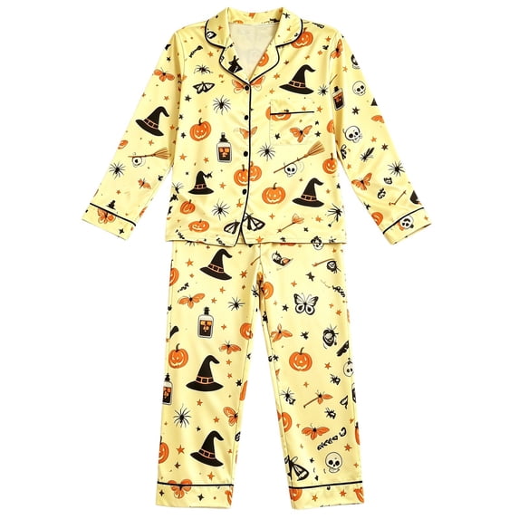 RUTAYY Girls Halloween Pajama Set Button Down Witch Hat Pumpkin Butterfly Graphic 2 Piece Sleepwear Holiday Home Outfit Yellow