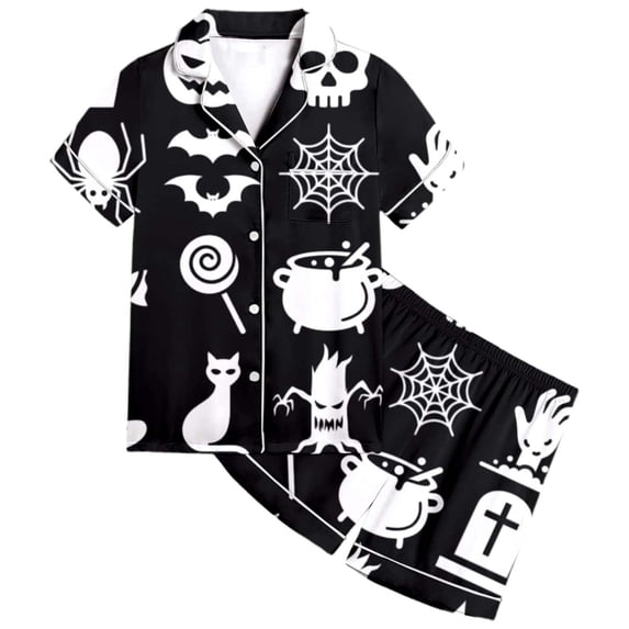 RUTAYY Girls Halloween Pajama Set Cauldron Bat Cat Print Loungewear Button Down Short Sleeve 2 Piece Indoor Holiday Outfit Black