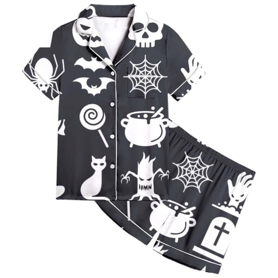 RUTAYY Girls Halloween Pajama Set Cauldron Bat Cat Print Loungewear Button Down Short Sleeve 2 Piece Indoor Holiday Outfit Light Gray
