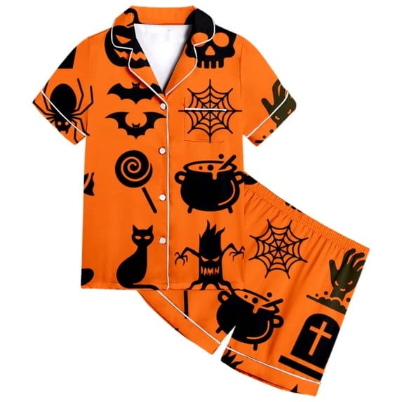 RUTAYY Girls Halloween Pajama Set Cauldron Bat Cat Print Loungewear Button Down Short Sleeve 2 Piece Indoor Holiday Outfit Orange