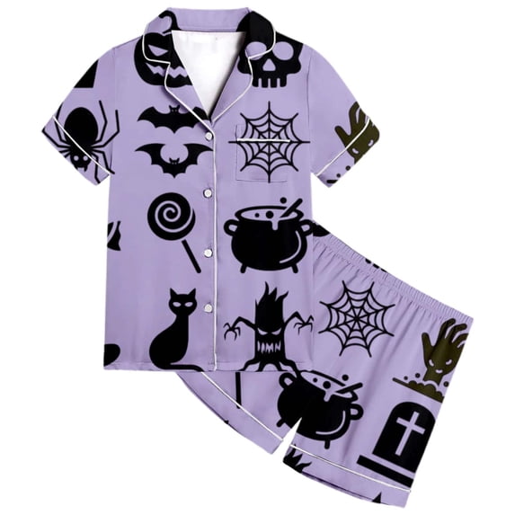 RUTAYY Girls Halloween Pajama Set Cauldron Bat Cat Print Loungewear Button Down Short Sleeve 2 Piece Indoor Holiday Outfit Purple