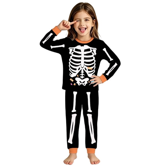 RUTAYY Girls Halloween Pajama Set Skeleton Candy Graphic Long Sleeve Top Full Length Pants Sleepwear, Black