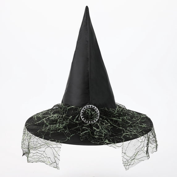 RUTAYY Girls Halloween Witch Hat Spider Web Pattern Mesh Veil Wide Brim Party Hats Green