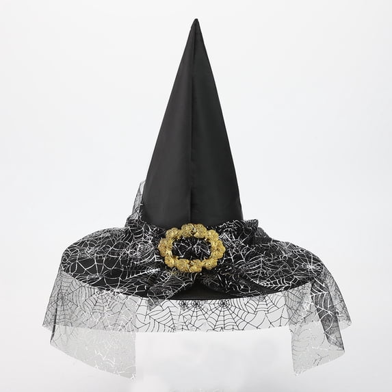 RUTAYY Girls Halloween Witch Hat Spider Web Star Pattern Mesh Veil Wide Brim Party Hats Silver