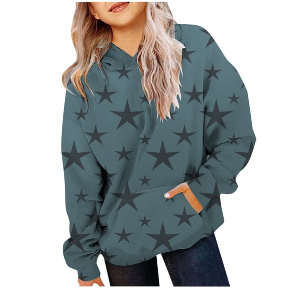 RUTAYY Girls Hoodie Star Print Long Sleeve Pockets Kids Tops Casual Outing Wear, Navy