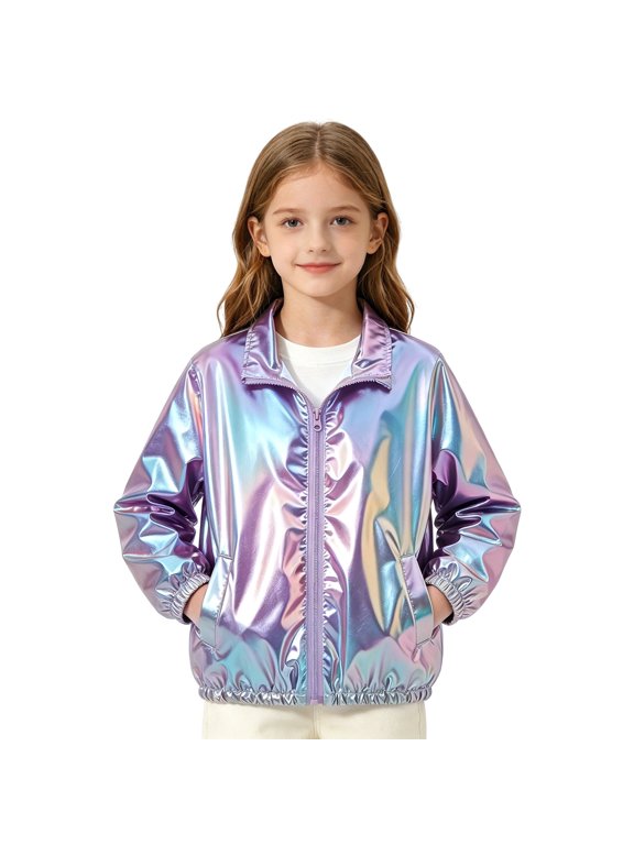 Girls Jacket Long Sleeve Zip Front Shiny Glossy Finish Outer for Daily Outdoor Wear, Purple