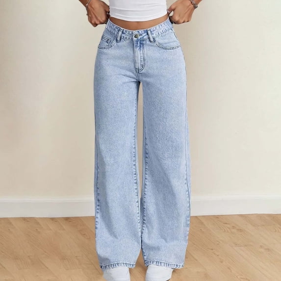 RUTAYY Girls Light Wash Wide Leg Jeans Full Waist Button Zipper Fly with Pockets Loose Denim Bottoms Blue