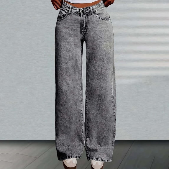 RUTAYY Girls Light Wash Wide Leg Jeans Full Waist Button Zipper Fly with Pockets Loose Denim Bottoms Grey