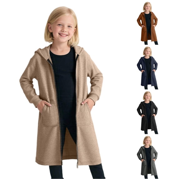 RUTAYY Girls Long Full Zip Hoodie Cardigan Basic Solid Color Long Sleeve Casual Square Patch Pocket Sweatshirt Jacket for Kids Khaki