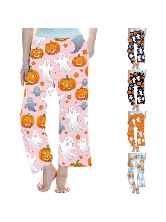 Girls Loungewear Pants Elastic Waist Pockets Halloween Pumpkin Ghost Print Comfort Pants Themed Indoor Activities Pink