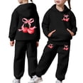 thumbnail image 1 of RUTAYY Girls Outfit Set Cherry Bow Print Hooded Sweatshirt and Jogger Pants Front Pocket Kids Fashion Comfy 2 Piece Tracksuit, Black, 1 of 6
