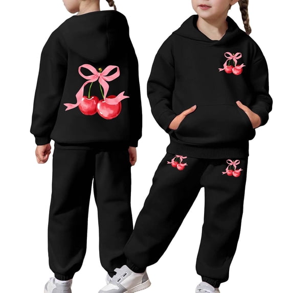 RUTAYY Girls Outfit Set Cherry Bow Print Hooded Sweatshirt and Jogger Pants Front Pocket Kids Fashion Comfy 2 Piece Tracksuit, Black