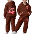 thumbnail image 1 of RUTAYY Girls Outfit Set Cherry Bow Print Hooded Sweatshirt and Jogger Pants Front Pocket Kids Fashion Comfy 2 Piece Tracksuit, Brown, 1 of 6