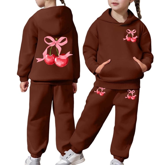 RUTAYY Girls Outfit Set Cherry Bow Print Hooded Sweatshirt and Jogger Pants Front Pocket Kids Fashion Comfy 2 Piece Tracksuit, Brown