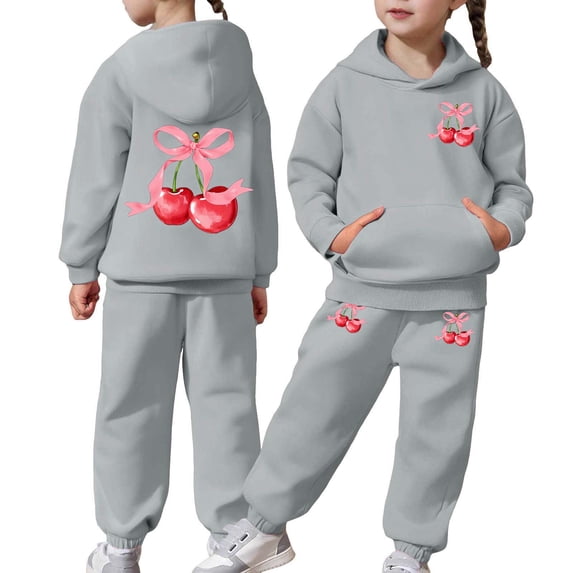 RUTAYY Girls Outfit Set Cherry Bow Print Hooded Sweatshirt and Jogger Pants Front Pocket Kids Fashion Comfy 2 Piece Tracksuit, Grey