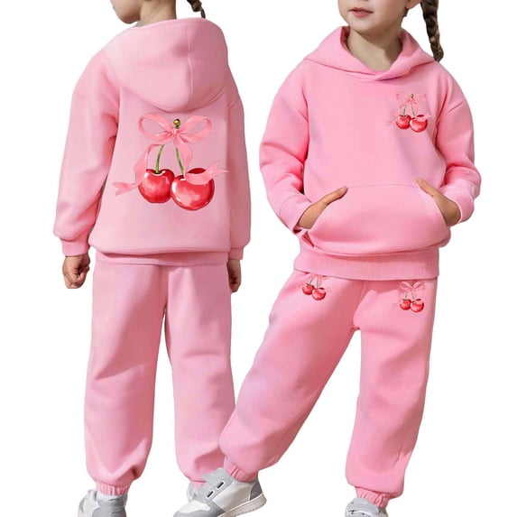 RUTAYY Girls Outfit Set Cherry Bow Print Hooded Sweatshirt and Jogger Pants Front Pocket Kids Fashion Comfy 2 Piece Tracksuit, Pink
