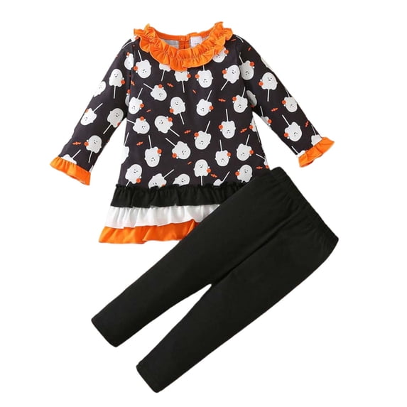 RUTAYY Girls Outfit Set Cute Halloween Graphic Ruffle Long Sleeve Top and Leggings 2 Piece Comfortable Casual Party Wear, Black