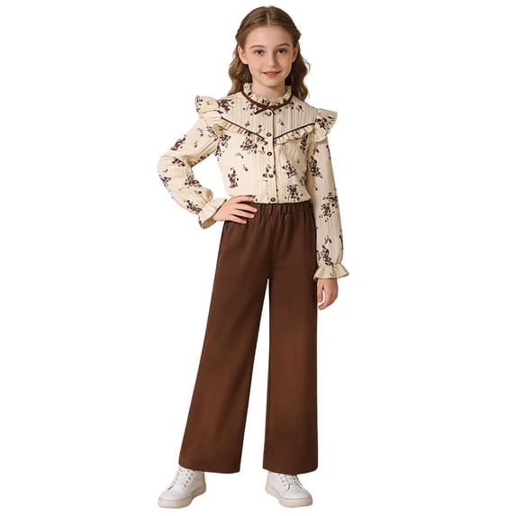 RUTAYY Girls Outfit Set Floral Print Ruffle Detail Stand Collar Long Sleeve Button Front Blouse Wide Leg Pants 2 Piece Children Set Brown