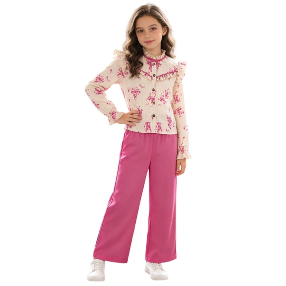 RUTAYY Girls Outfit Set Floral Print Ruffle Detail Stand Collar Long Sleeve Button Front Blouse Wide Leg Pants 2 Piece Children Set Red