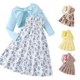 thumbnail image 1 of RUTAYY Girls Outfit Set Front Bow Long Sleeve Cover Up Floral Cami Ruffle Midi Dress Kids Summer Playwear Blue, 1 of 9