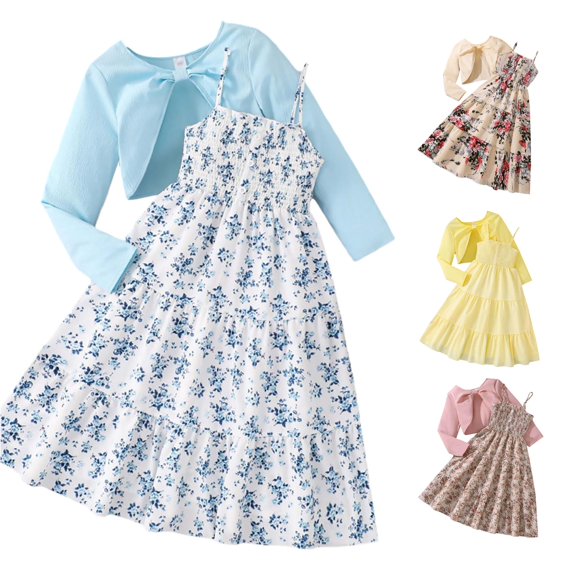 RUTAYY Girls Outfit Set Front Bow Long Sleeve Cover Up Floral Cami Ruffle Midi Dress Kids Summer Playwear Blue