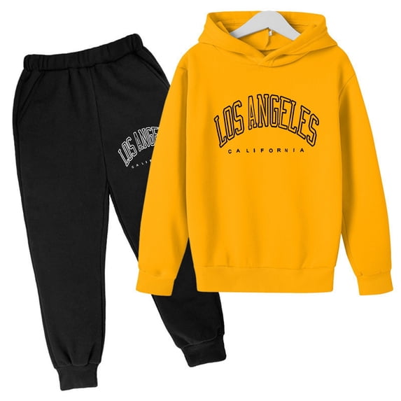 RUTAYY Girls Outfit Set Letter Print Hooded Long Sleeve Pullover Hoodie Pants Casual Day Out for Kids Yellow