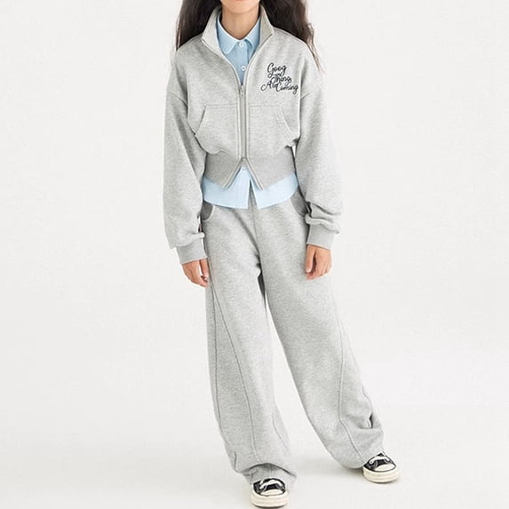 RUTAYY Girls Outfit Set Letter Print Stand Collar Zip Up Long Sleeve Jacket Pants Everyday Layering Apparel for Kids Grey