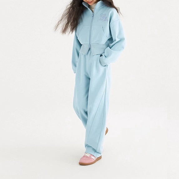 RUTAYY Girls Outfit Set Letter Print Stand Collar Zip Up Long Sleeve Jacket Pants Everyday Layering Apparel for Kids Light Blue