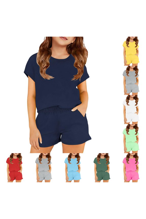 Girls Outfit Set Solid Color Crew Neck Blank Short Sleeve Tee Relax Fit Pocket Shorts Kids Summer Daily Playwear Navy