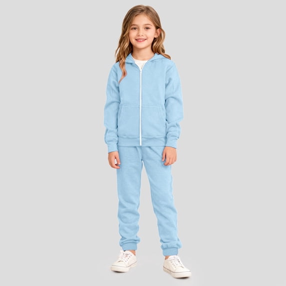 RUTAYY Girls Outfit Set Solid Color Zip Up Hooded Long Sleeve Top Drawstring Sweatpants Everyday Kid Attire Blue