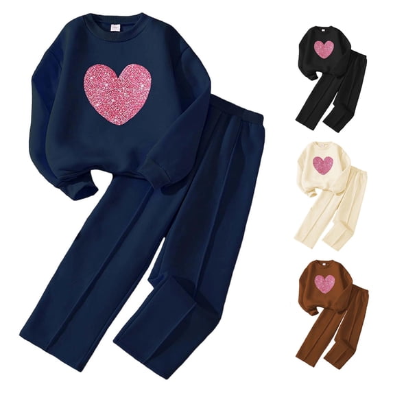 RUTAYY Girls Outfit Set Sparkly Heart Print Crew Neck Long Sleeve 2 Piece Sweatshirt Pants Casual Going Out Navy