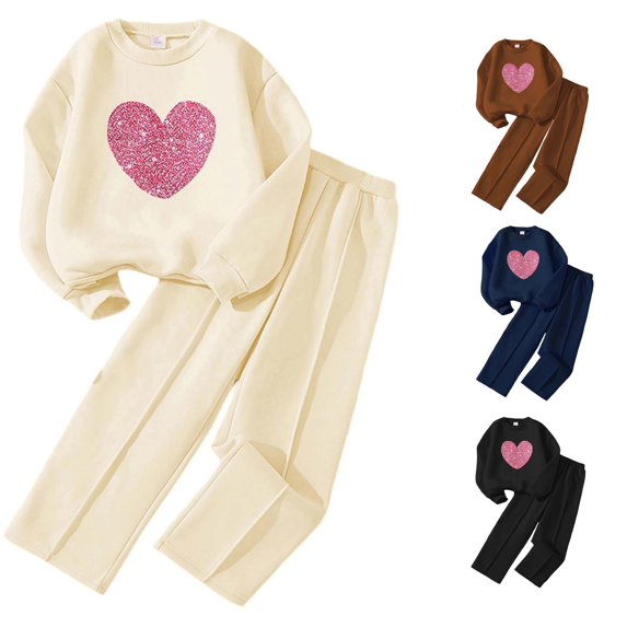 RUTAYY Girls Outfit Set Sparkly Heart Print Crew Neck Long Sleeve 2 Piece Sweatshirt Pants Casual Going Out White