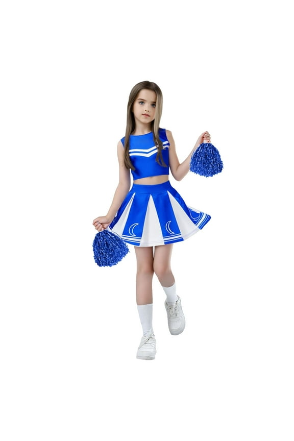 Girls Outfits Sets Cheerleading Stage Performance Competition Party Set Fashionable Clothing, Blue, 11-12 Years