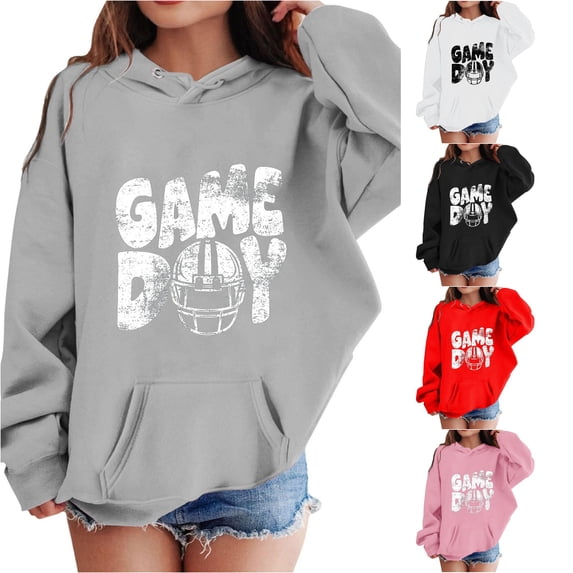 RUTAYY Girls Oversized Pullover Hoodie Game Day Football Graphic Long Sleeve Casual Fall Tops with Pocket for Kids Grey