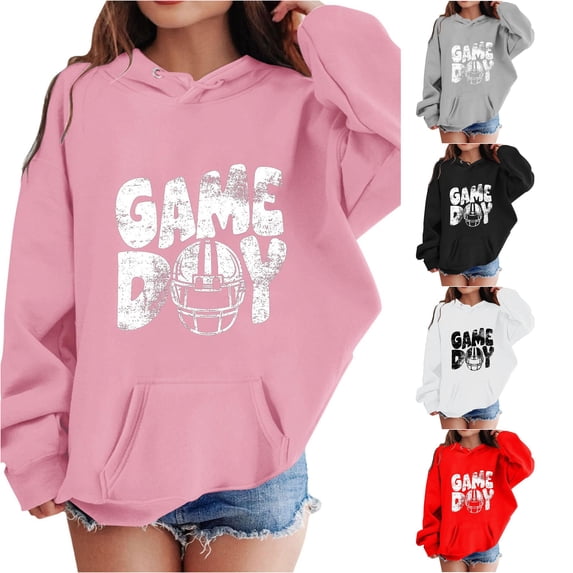 RUTAYY Girls Oversized Pullover Hoodie Game Day Football Graphic Long Sleeve Casual Fall Tops with Pocket for Kids Pink