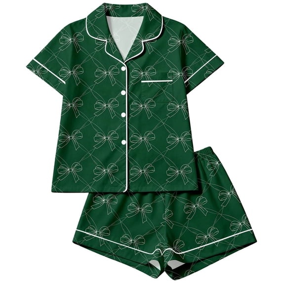 RUTAYY Girls Pajama Set 2 Piece Sleepwear Bow Graphic Button Down Lapel Collar Daily Night Relax Outfit Green