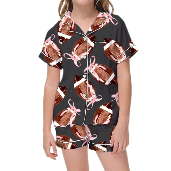 RUTAYY Girls Pajama Set Bow Accent Football Pattern 2 Piece Top and Shorts Short Sleeve Notch Neck Kids Daily Sleep Outfit Black