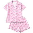 thumbnail image 1 of RUTAYY Girls Pajama Set Bow Graphic 2 Piece Button Down Lapel Collar Loungewear Household Evening Rest Pink, 1 of 4