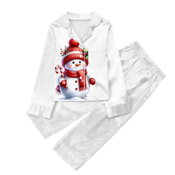 RUTAYY Girls Pajama Set Christmas Snowman Print Long Sleeve 2 Piece Set Children Indoor Leisure Attire, White