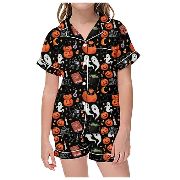 RUTAYY Girls Pajama Set Halloween Cartoon Graphic Short Sleeve Top Shorts Kids Sleepwear, Black