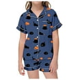 thumbnail image 1 of RUTAYY Girls Pajama Set Halloween Cartoon Graphic Short Sleeve Top Shorts Kids Sleepwear, Navy, 1 of 5