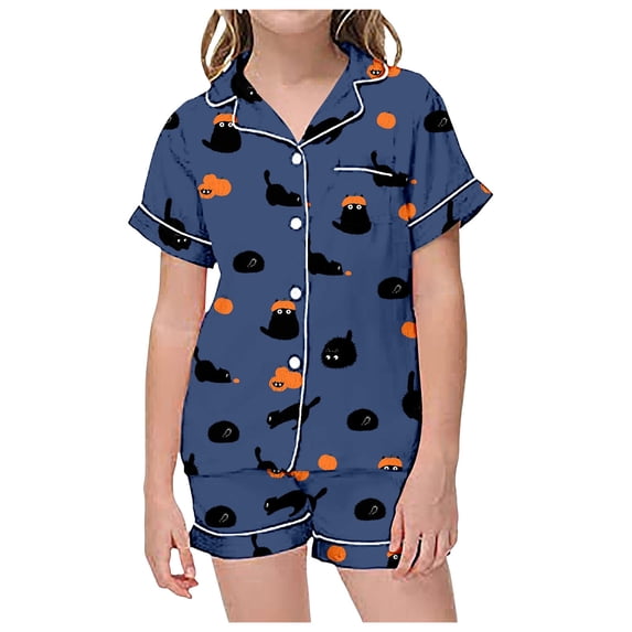 RUTAYY Girls Pajama Set Halloween Cartoon Graphic Short Sleeve Top Shorts Kids Sleepwear, Navy