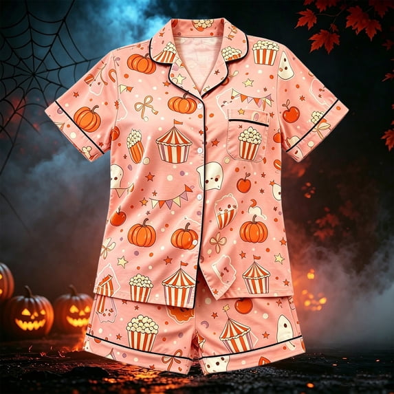 RUTAYY Girls Pajama Set Halloween Cute Pumpkin Popcorn Ghost Graphic Short Sleeve Top and Shorts Cozy Home Wear Pink