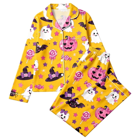 RUTAYY Girls Pajama Set Halloween Ghost Pumpkin Candy Star Print 2 Piece Long Sleeve Notch Neck Top Pants Kids Loungewear Casual Home Outfit Yellow