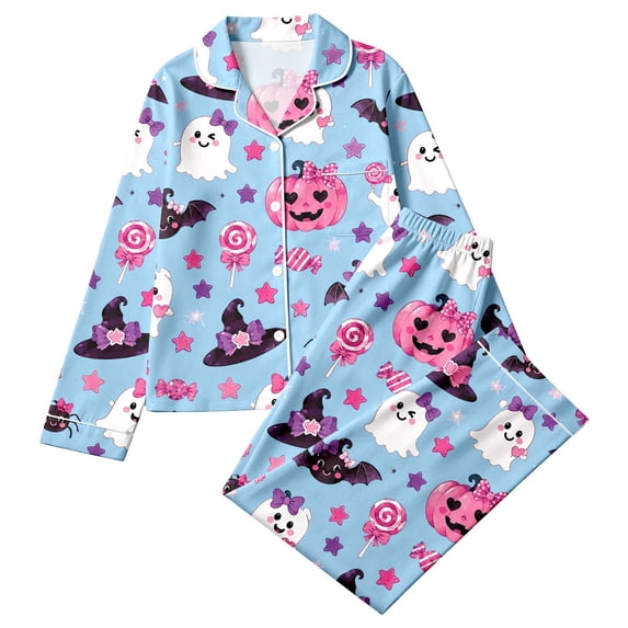 RUTAYY Girls Pajama Set Halloween Ghost Pumpkin Print 2 Piece Long Sleeve Notch Neck Top Pants Kids Casual Home Outfit Light Blue
