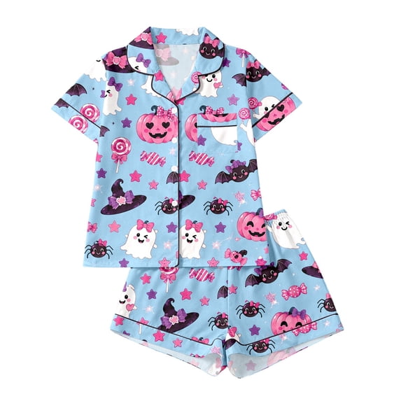 RUTAYY Girls Pajama Set Halloween Ghost Pumpkin Print 2 Piece Notch Neck Short Sleeve Top Shorts Kids Casual Home Outfit Light Blue