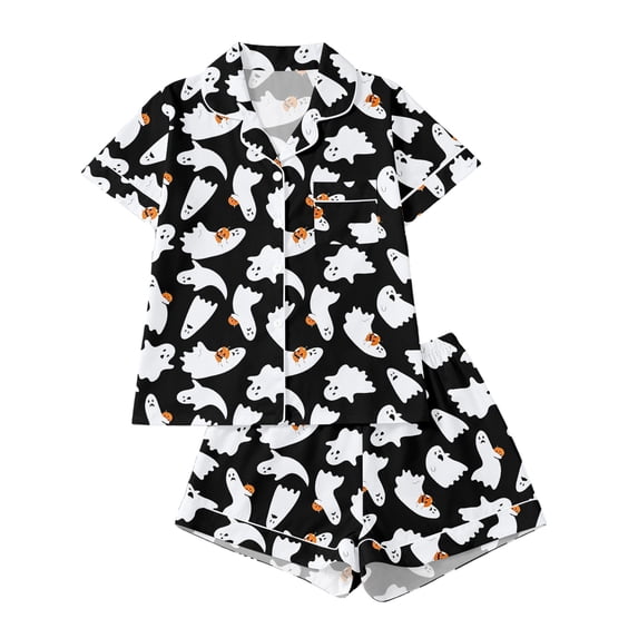 RUTAYY Girls Pajama Set Halloween Ghost Pumpkin Print 2 Piece Short Sleeve Notch Neck Button Down Top Shorts Kids Sleepwear Black